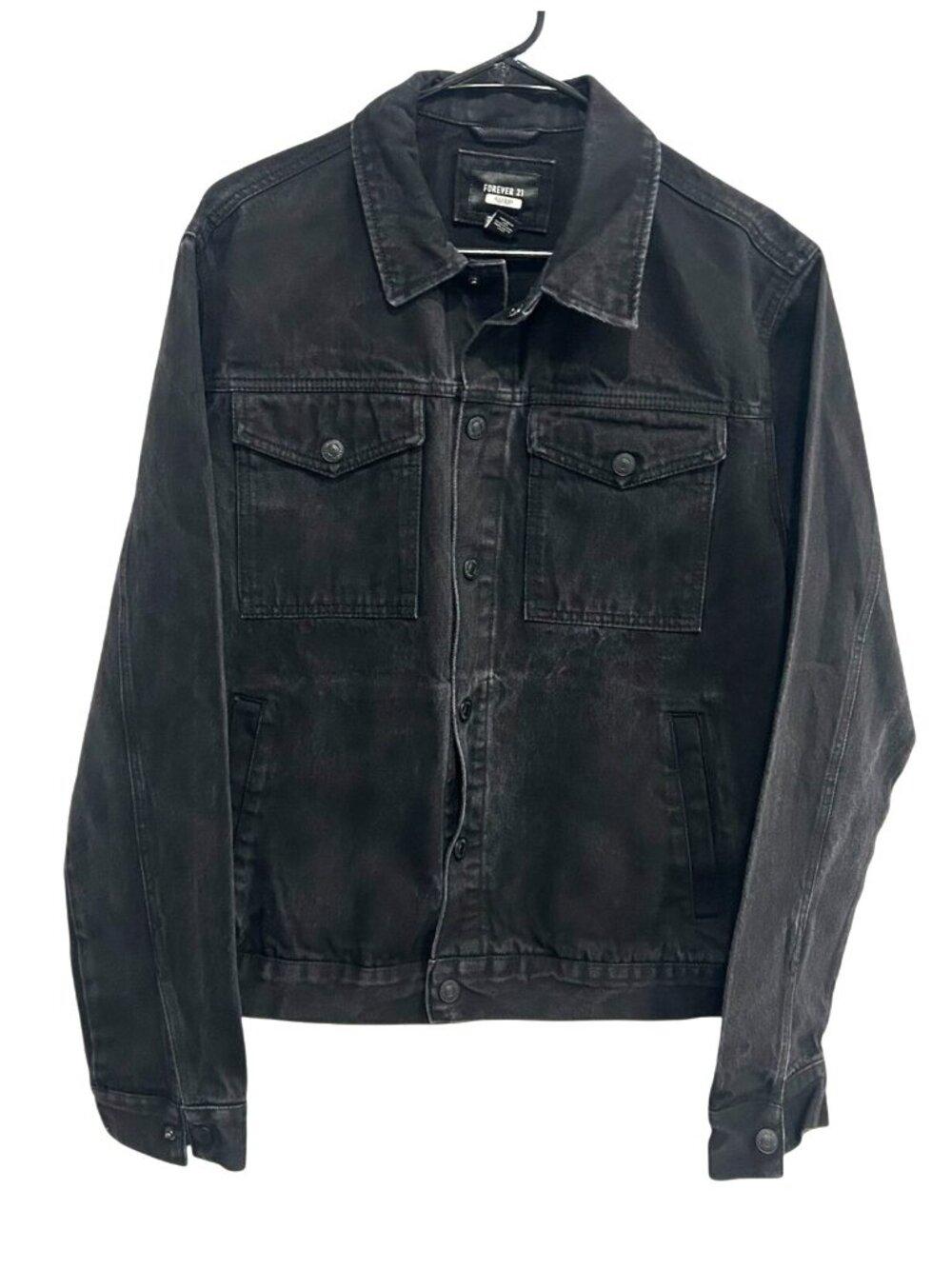 Black Denim Trucker Medium Jacket Button Up Retro Grunge Y2K Casual Forever 21